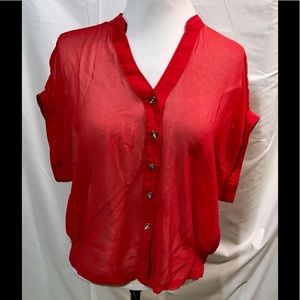 Annabelle Red Sheer Button Front V- Neck Top